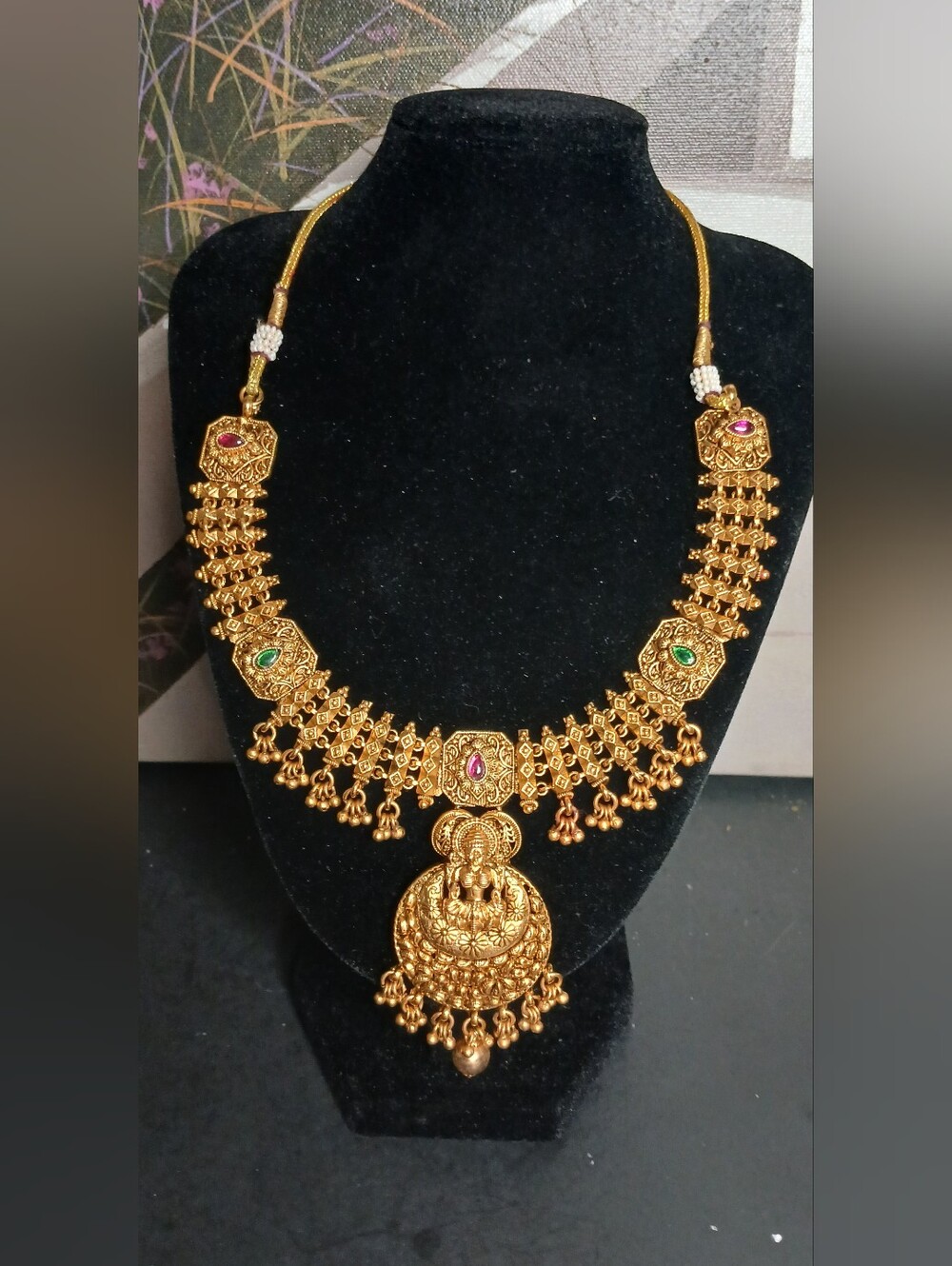 Gold-Tone Temple Necklace with Pink and Green Accents